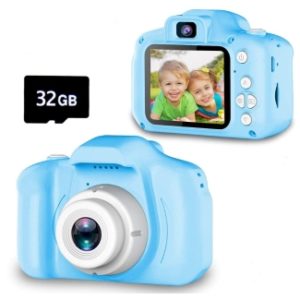 Enow 16MP Dual Digital Video Camera Cartoon Blue Kids Camera 32GB SD Card Included Mini 2.0 Inch HD Rechargeable Anti-drop Shockproof Shell DIY Creative Camcorder Child Toys for Boys Girls 