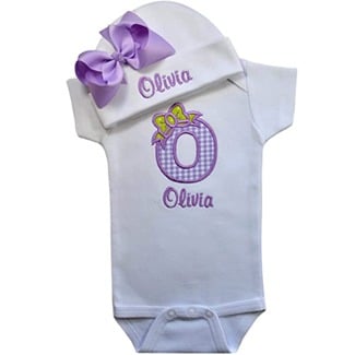 Baby Girl Embroidered Initial Bodysuit And Matching Grosgrain Bow Hat