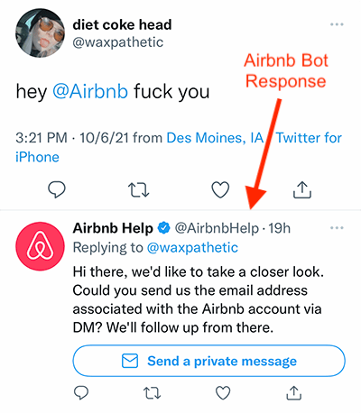 Airbnb bot responding to funny tweet