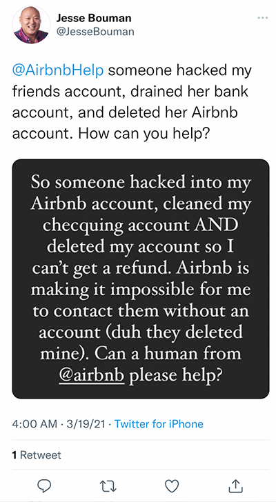 airbnb account hacked can't contact them